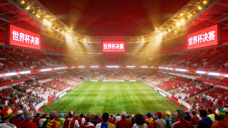 世界杯决赛赛场全景，座无虚席的体育场与中央绿茵场